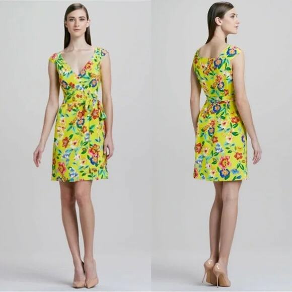 Kate Spade Womens Cathleen Silk Wrap Dress Size 6 Yellow Floral Brunch Designer - Picture 1 of 16